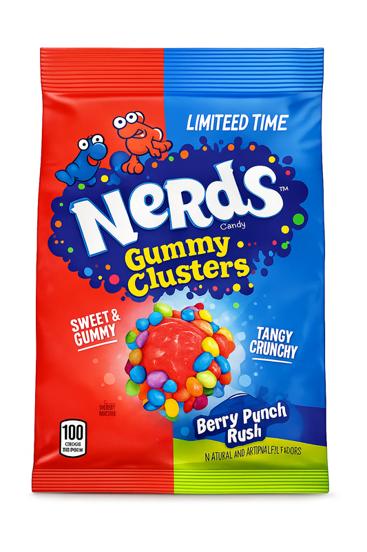 Nerds Gummy Clusters berry punch rushpackaging with red and blue design on a white background